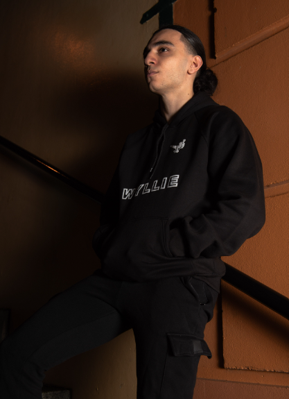 WYLLIE Black Hoodie – Regular Fit, 100% Cotton, with Iconic Side Kick Logo