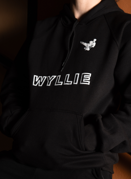 WYLLIE Black Hoodie – Regular Fit, 100% Cotton, with Iconic Side Kick Logo