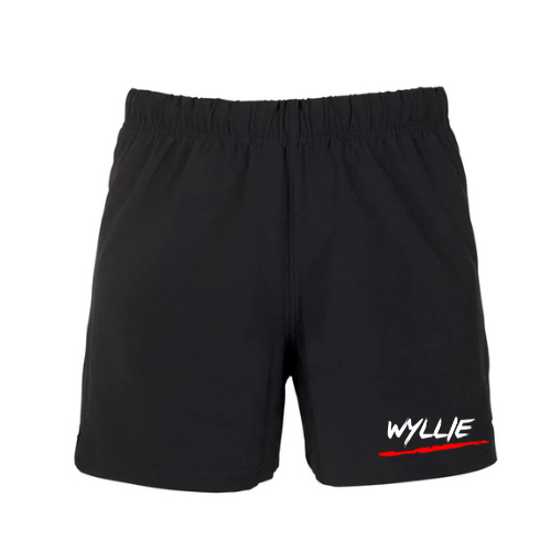 WYLLIE Performance Adult Shorts - Black with 4-Way Stretch & WYLLIE Print
